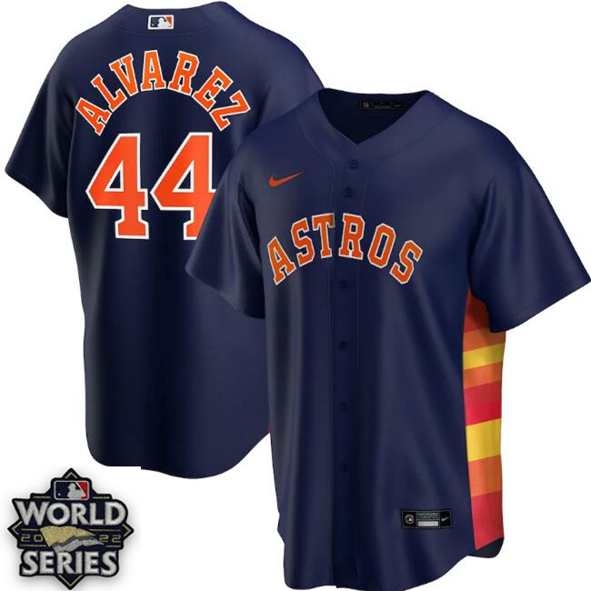 Men Houston Astros Navy 44 Yordan Alvarez Cool Base Stitched With 2022 MLB World Series jersey patch MLB Jersey